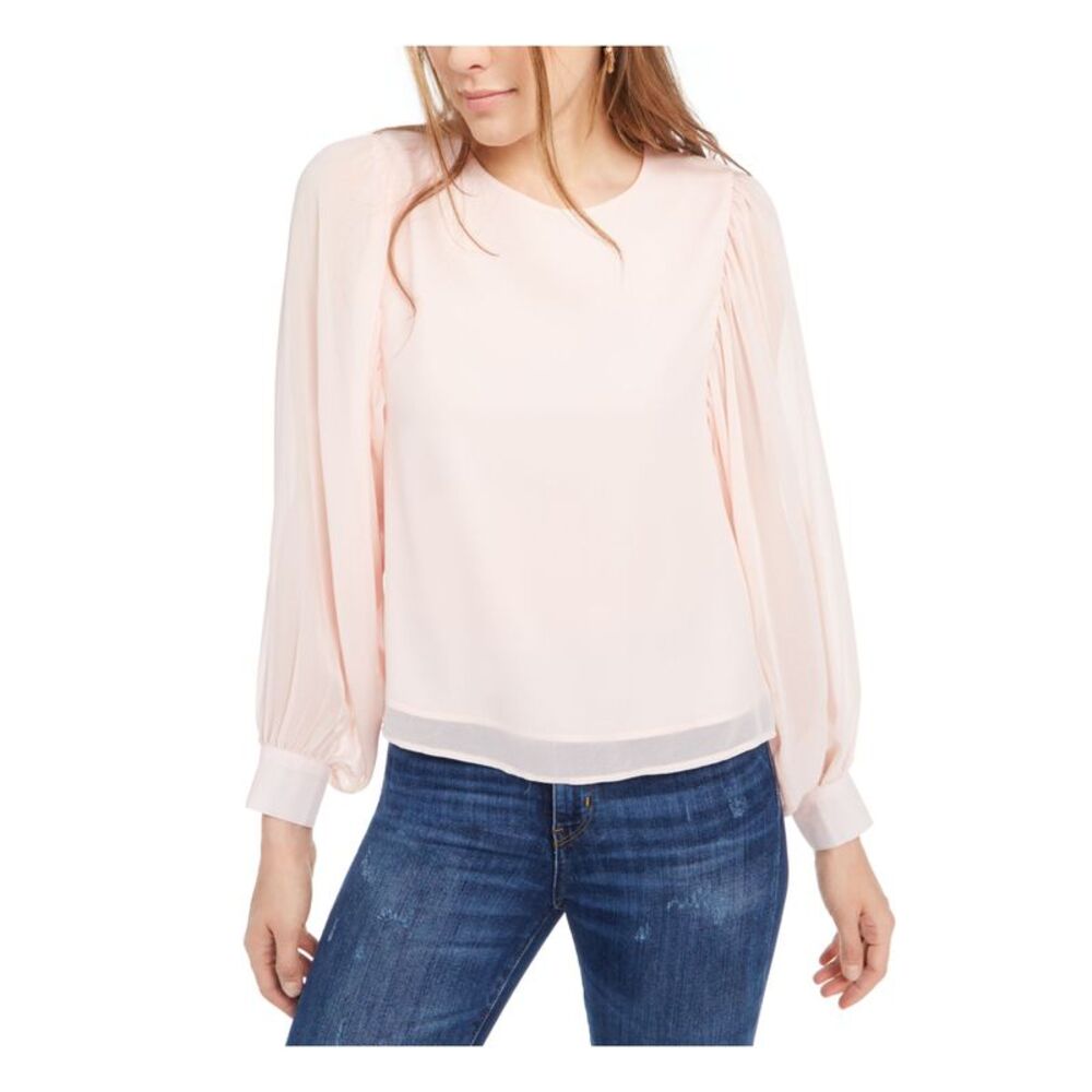 Q+A Los Angeles Womens Top Pleated Sheer Long Sleeve Crew Neck Keyhole